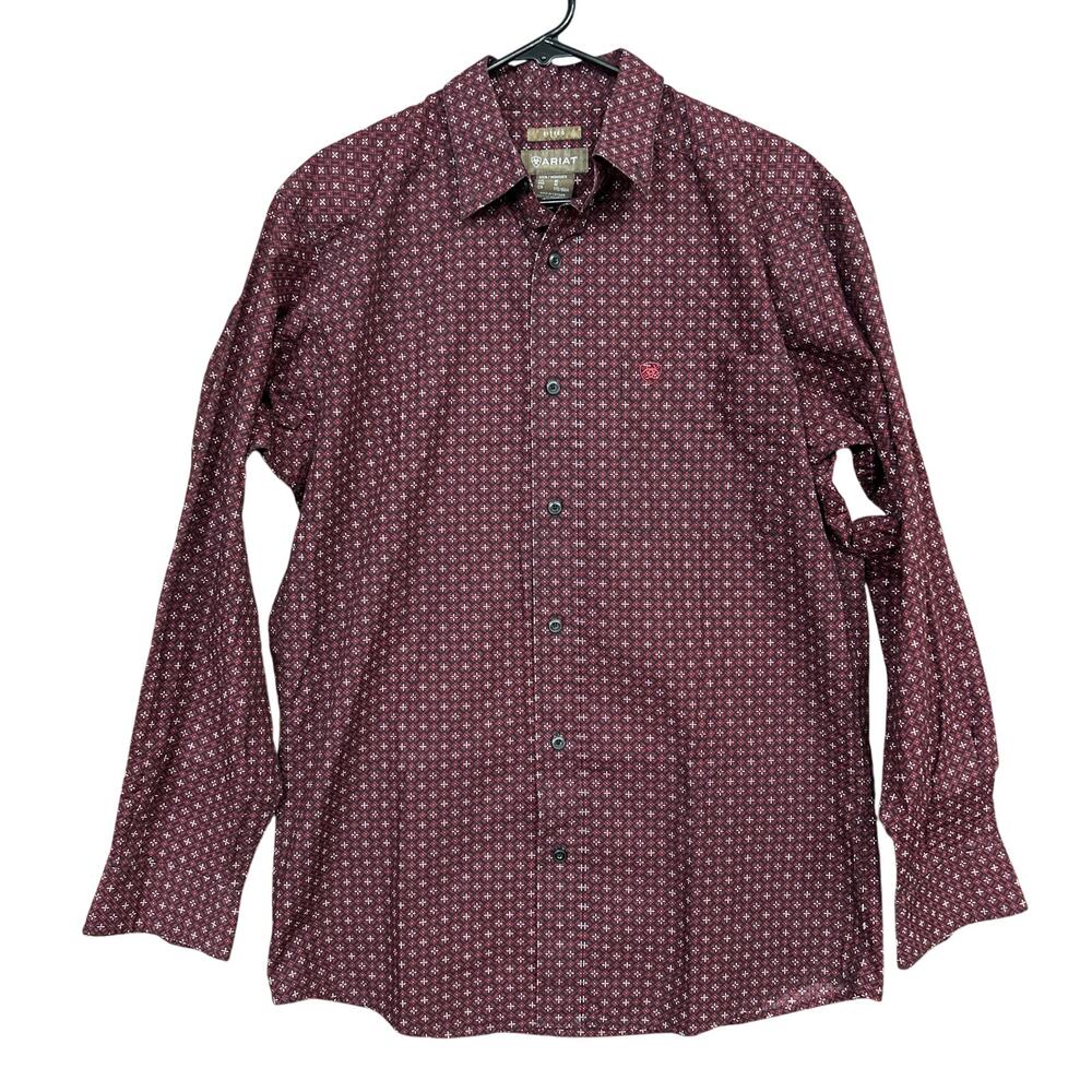 Ariat Mens Shirt Red Black Fitted Long Sleeve Button Up 100% Cotton Medium